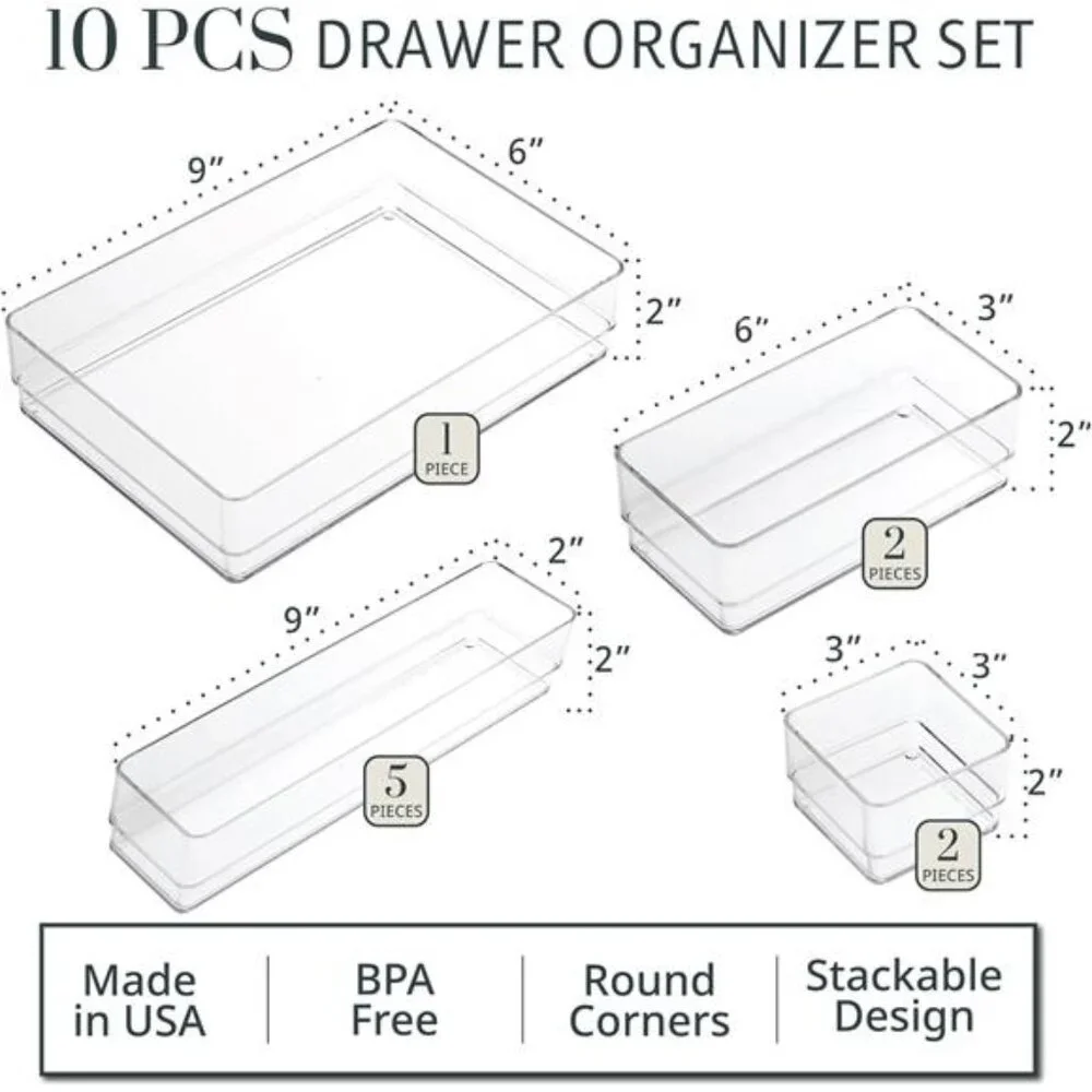 10-Piece Stackable Clear Drawer Organizer Set | Multi-size Trays | Makeup Vanity